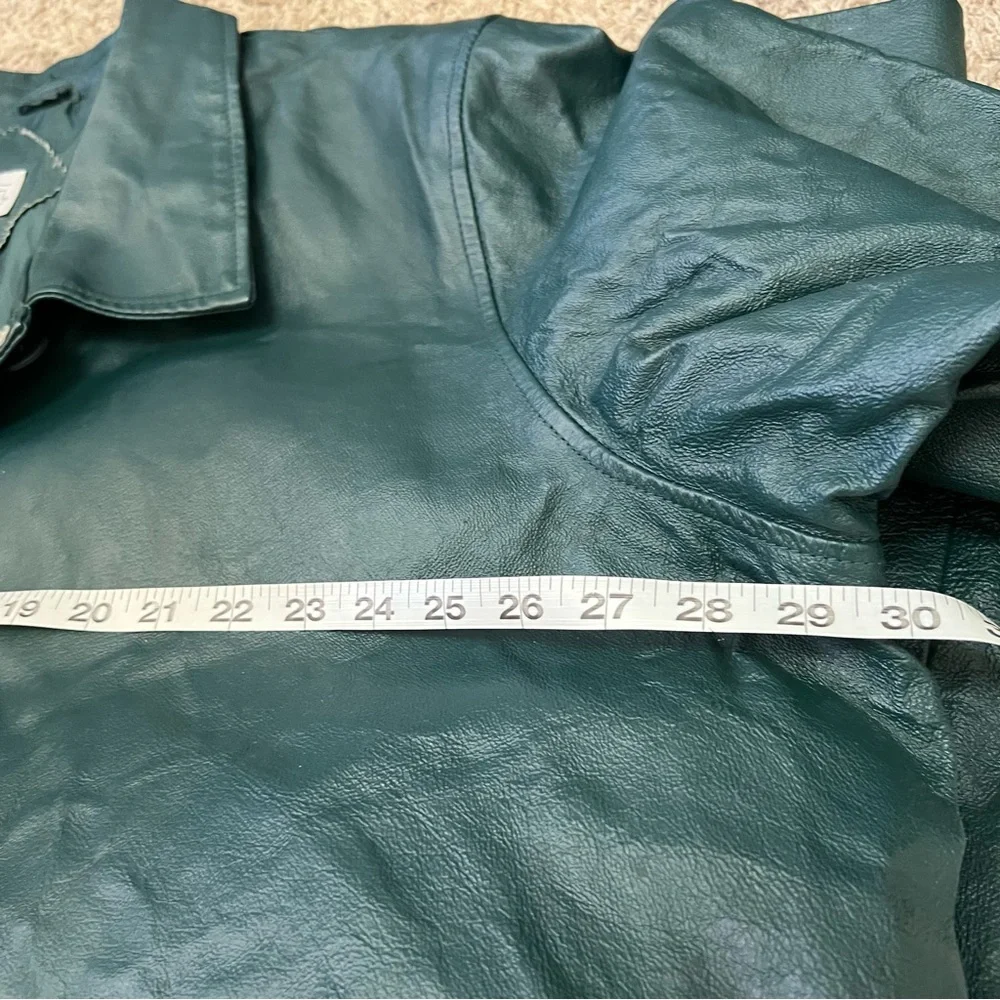 Vintage Via Accenti Dark Green Leather Jacket Button Front Coat Womens Sz 30W - Picture 10 of 11